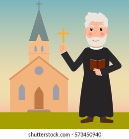 Pastor, priest or evangelist with cross and bible near the church. EPS10 vector illustration in flat style.