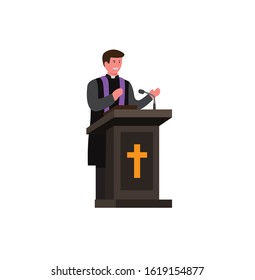 pastor, priest, preacher speaking in podium with bible, cartoon flat illustration vector isolated in white background