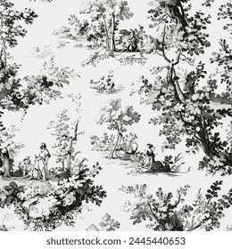 Pastoral. Hand Drawn Pattern With Vintage Kitchen Toile de Jouy.
Featuring delicate florals, wildflowers, and romantic motifs of cozy kitchen. This seamless pattern is crafted to perfection. Vector.