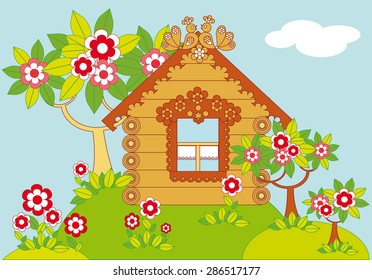 Pastoral illustration with a wooden country house and garden with flowering trees