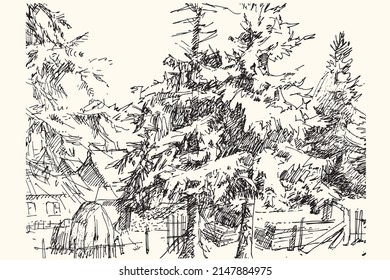 Weideland mit Heuhaufen und Weihnachtsbaum