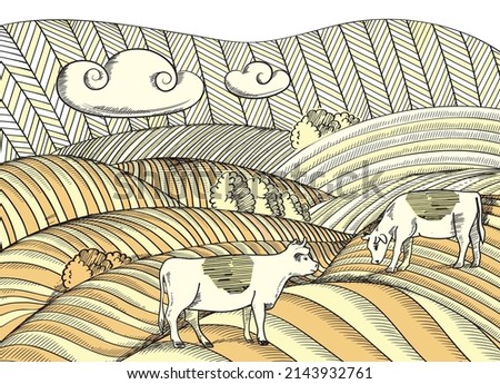 Pastoral landscape pattern with cows, can be used as background, for textile or packaging design.