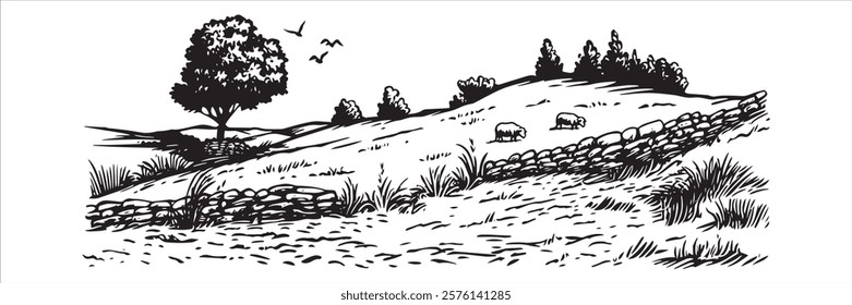 pastoral landscape with sheep, stone wall, and tree in black and white hand-drawn style