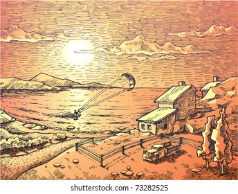 A pastoral picture of the calm peaceful evening sun and the kite-surfer sliding on the water.
Editable vector EPS v9.0. Enjoy!