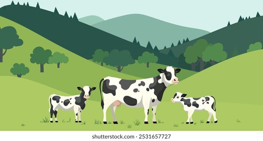 Pastoral Scene with Cows in Green Hills Vector	
