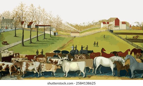 Pastoral scene with cows, horses, and people. Cows and horses graze. People in rural landscape. Farm buildings in background. Peaceful rural life. Vintage art illustration, vector.