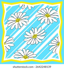 Padrão de verão pastoril com margaridas brancas grandes em listras brancas e azuis diagonais em quadro geométrico branco e amarelo. A parte central pode ser usada como um padrão sem costura. Para cobertura de cabeça, têxtil. Vetor.