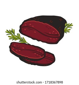 Pastrami. Meat delicatessen on white background. Slices of italian Smoked beef. Simple flat style vector illustration