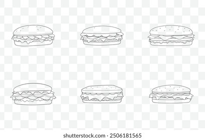 Pastrami Sandwich Line Art Vector Set Detailed Illustrations of Classic Deli Sandwich Designs