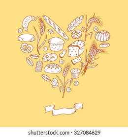Pastries. Bakery. Bread Baking Vector Set in Heart shaped. Hand drawn Doodles illustration