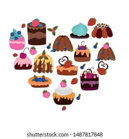 Pastries, bakery, cookies and dessert in cartoon style arranged in heart. Dessert concept. Hand drawn vector illustration. 