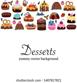Pastries, bakery, cookies and desserts hand drawn vector illustration. Cartoon cafe menu, banner, cookbook page with a   copy space.

