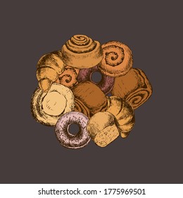 Pastries and Bakery products in a circle, variety of sweet buns. Hand Drawn vector illustration.