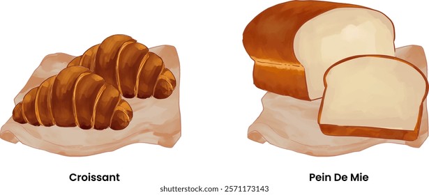 Pastries and Bread Illustration Croissant Pain De Mie