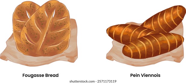 Pastries and Bread Illustration Fougasse Bread Pain Viennois