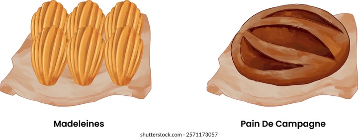 Pastries and Bread Illustration Madeleines Pain De Campagne