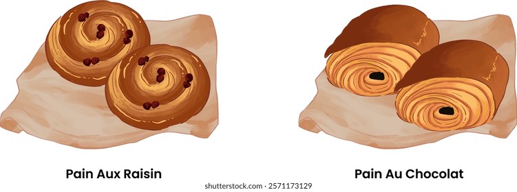 Pastries and Bread Illustration Pain Aux Raisin Pain Au Chocolat