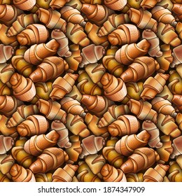 Pastries, buns, croissants seamless pattern. Vector hand drawn colorful bakery shop illustration.