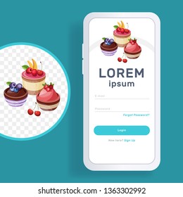 Pastries and cake. Screensaver for the application in the mobile phone.Banner of bakery sweet shop or coffee house. Vector illustration.