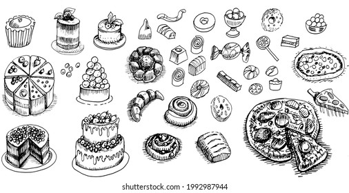 Pastries  cakes cupcakes vector graphics  engraving sketch. hand drawn picture sweet food menu cooking dough sweets. print textile logo background