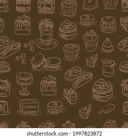 
Pastries  cakes cupcakes vector graphics  engraving sketch. hand drawn picture sweet food menu cooking dough sweets. print textile logo background patern seamless