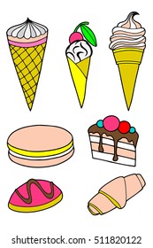 Pastries cakes and ice cream icon set with an ice cream cone and lolly cupcake cake cookies donuts milkshake dessert and lollipop with icing and cherries vectors on white