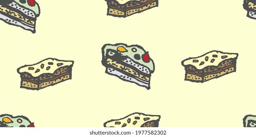 Pastries and cakes. Seamless pattern from the drawn pieces of cake. Vector illustration