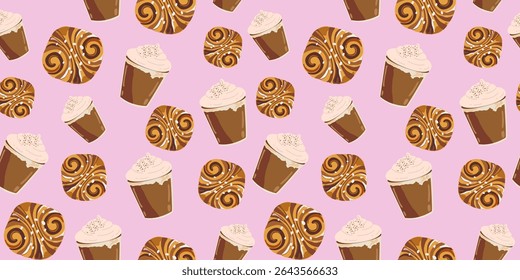 Pastries cartoon seamless pattern. Fresh pastries and lattes. Sweet food and drink background for bakery and coffee shops, cooking book, wrapping paper, prints, textile