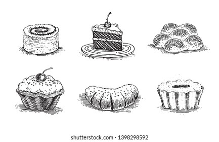 Pastries, cherry cake, vanilla buns, muffins, rolls with poppy seeds, bun with jam, a piece of cake on a saucer, vintage graphics. Vector set of images for packaging design, labels, menus