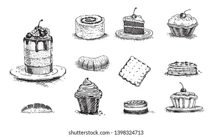 Pastries, cherry cake, vanilla buns, muffins, rolls with poppy seeds, bun with jam, vintage graphics. Vector set of images for packaging design, labels, menus