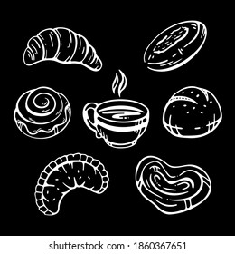 Pastries and coffee. Set of doodles, hand drawn simple sketches of different kinds of bakery products on black background.