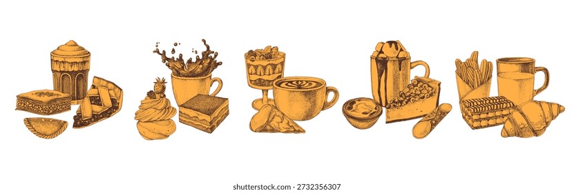 Pasteles con café y té dibujado a mano colección de Vector