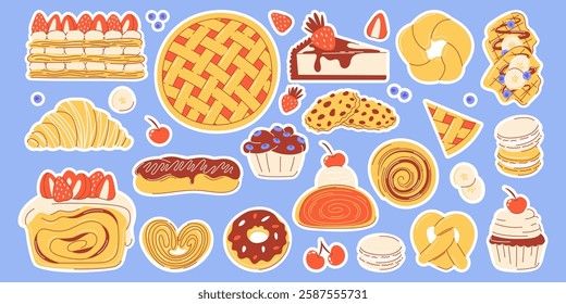 Pastries colorful sticker set, vector flat illustration. Baked goods, sweet desserts collection. Croissant, eclair, cheesecake, macaron, strudel, mille feuille. For print, scrapbooking, web design