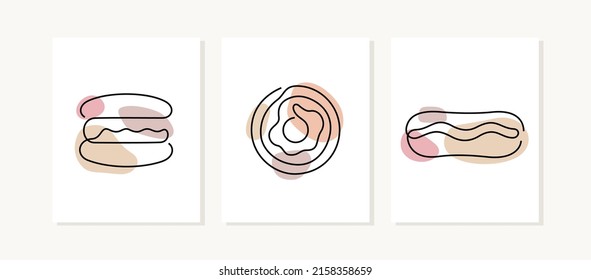 Pastries continuous line posters. Variety of cakes illustrations.