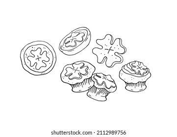 Pastries, cupcakes and cookies with a clover symbol for St. Patrick's Day. Baked logo. Isolated vector black line element. 
