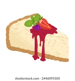 Pastries and desserts. Cheesecake topped with sweet syrup and berry and mint topping. Sweet cooking for cafes and restaurants. Vector illustration isolated on transparent background. 
