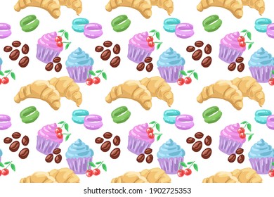 Pastries, desserts and coffee. Mafins, coffee beans, macarons, croissants. Seamless vector pattern. Bright background for menu, site, application, fabric.