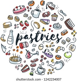 Pastries and desserts hand drawn circular design