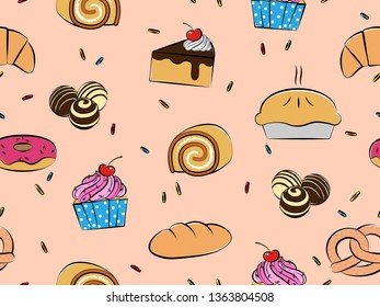 Pastries and desserts seamless pattern, Hand-drawn style, Vector illustration 