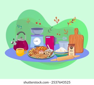 Pastries and kitchen utensils vector illustration. Blender, kitchen scales, tea kettle, rolling pin, cutting board. Baking, cooking concept