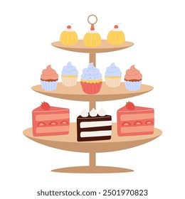 Pasteles en un plato de servir. Postres dulces en una bandeja de tres capas. Confitería, manjares. Cupcakes, pasteles, soufflé. Ilustración vectorial plana sobre fondo blanco