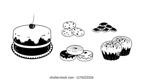 pastries, pastry, cakes, cookies, muffins, donuts in black and white style isolated on white background