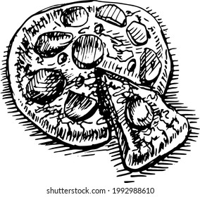 Pastries  Pizza  cakes cupcakes vector graphics  engraving sketch. hand drawn picture sweet food menu cooking dough sweets. print textile logo background