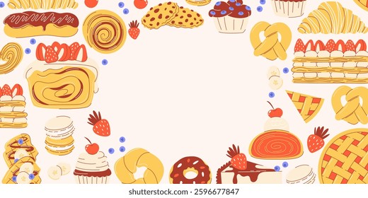 Pastries set, frame with space for text or design in the middle. Hand drawn vector flat illustration with popular sweet desserts, baked goods. Bakery background template for banner, poster