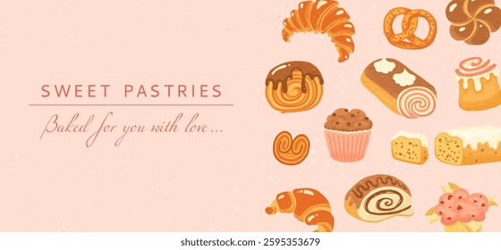 Pastries sweet buns cartoon background. Poster with various pastry bun muffin cupcake, French croissant, round croissant bagel, pie roll. Wheat pastry bakery textured template vector illustration