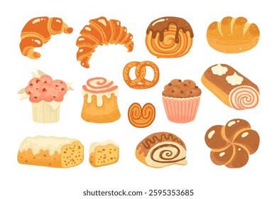 Pastries sweet buns cartoon hand drawn set. Various pastry bun muffin cupcake, French croissant and round croissant bagel, pie, cinnamon roll. Menu bakery wheat pastry textured art vector illustration