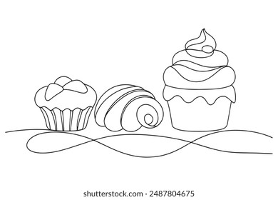 Pastries, sweet buns continuous line art vector illustration