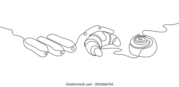 Pastries, sweet buns one line set art. Continuous line drawing of eclairs, croissant, cinnabon.