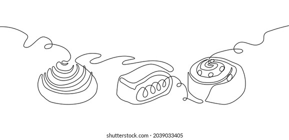 Pastries, sweet buns one line set art. Continuous line drawing of pretzel, strudel, cinnabon, bun.