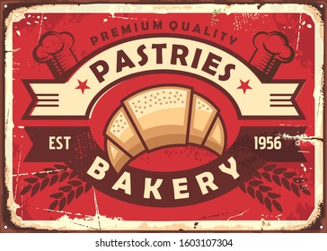 Pastries vintage bakery shop sign with fresh croissant on red background. Retro food vector illustration.